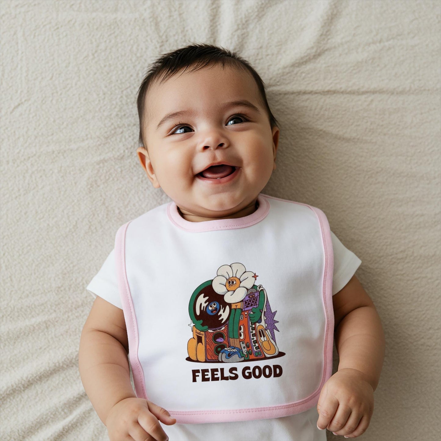 Retro Psychedelic Baby Bib | Groovy Music Theme Infant Feeding Accessory | Unique Baby Shower Gift for Parents | Feels Good Design | Trendy
