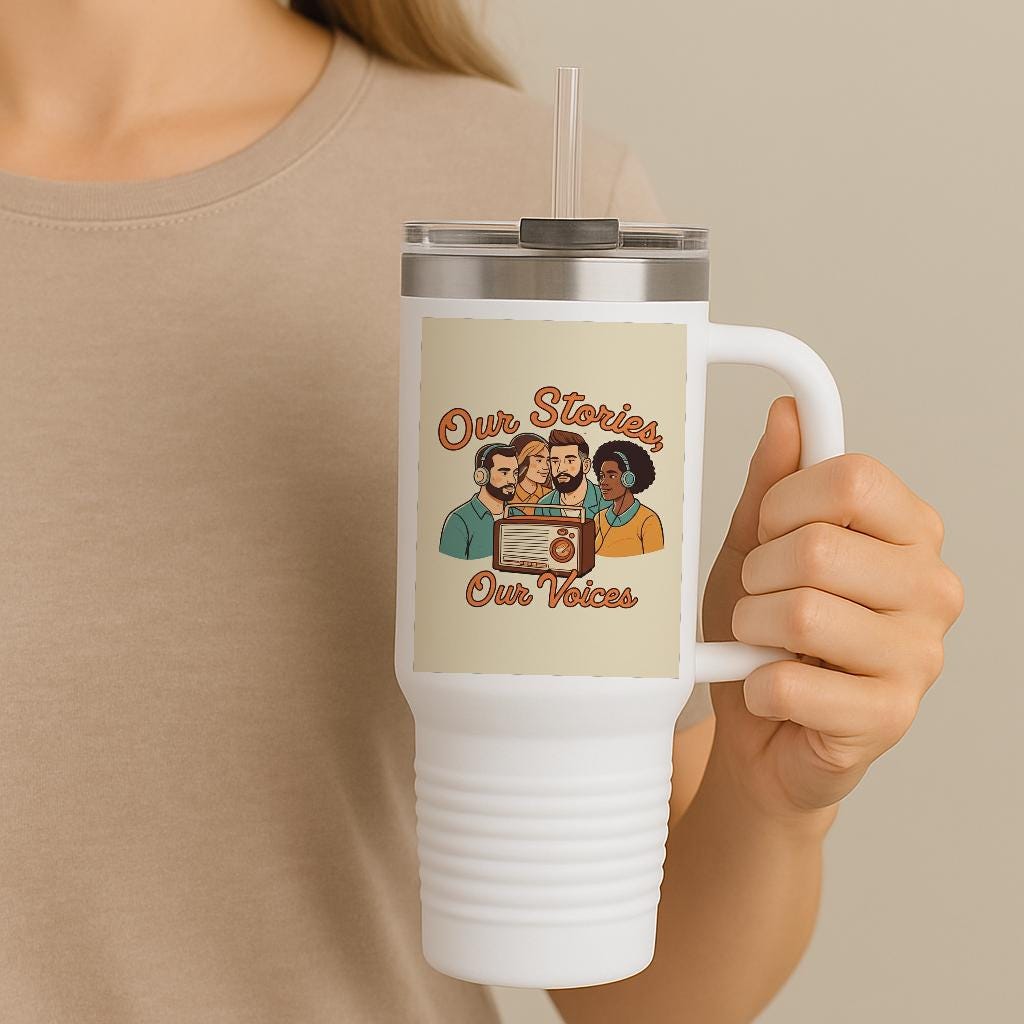 Our Stories Our Voices Insulated Travel Mug | Podcast Lover Gift | Diverse Community Art Tumbler | Retro Radio Design | Empowering Message