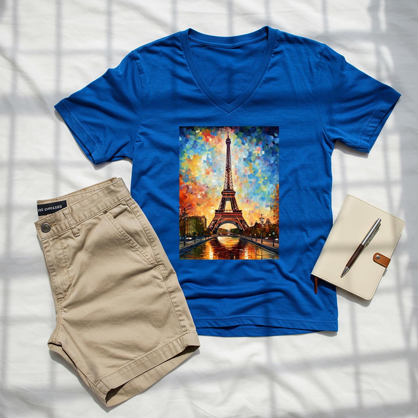Vibrant Eiffel Tower V-Neck Tee | Impressionist Paris Art Shirt | Autumn Cityscape Graphic | Romantic Travel Apparel | Artistic Unisex Top