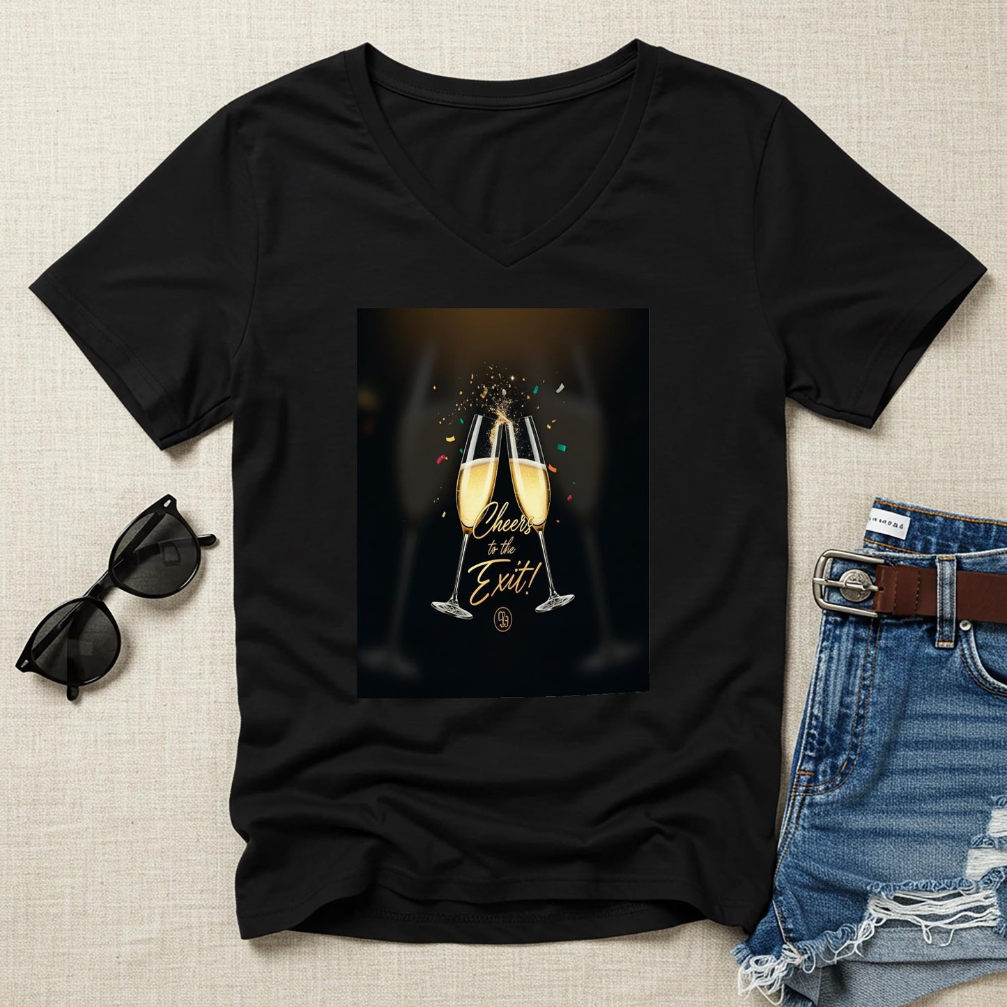 Cheers to the Exit V-Neck Tee | Celebration Farewell Gift Shirt | New Beginnings Retirement Graduation Party Apparel | Unisex Design