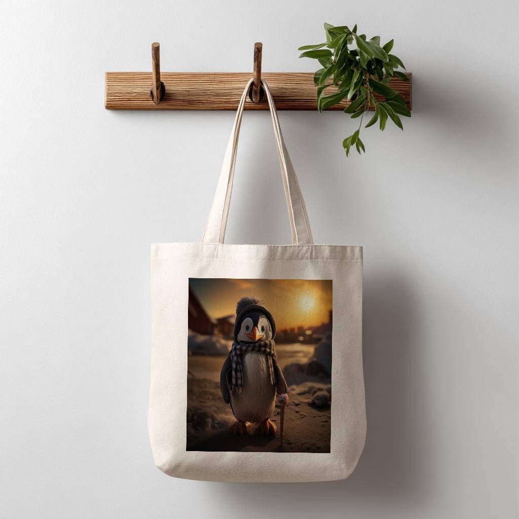 Cute Penguin Tote Bag with Ice Cream Cone Design | Whimsical Winter Animal Art | Cozy Cotton Canvas Shopper | Unique Gift for Animal Lovers