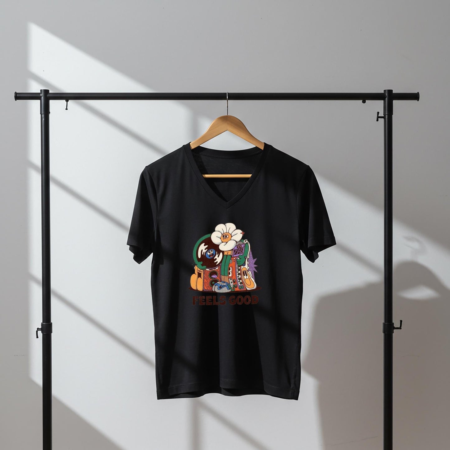Groovy Vibe Unisex V-Neck Tee | Retro Psychedelic Cartoon Shirt | Feels Good Music Lover Apparel | Trending Design | Modern Home Decor