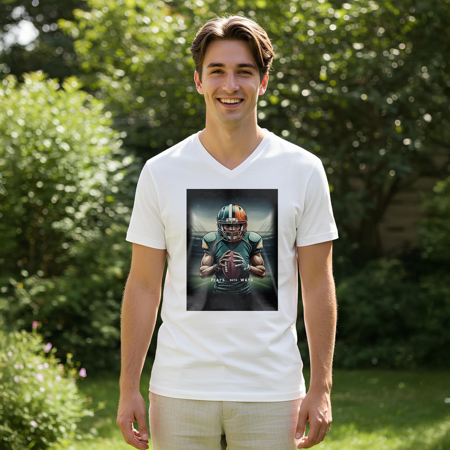 American Football Player V-Neck Tee | Game Day Apparel for Fans | Plays Both Ways Athletic Graphic Shirt | Determined Athlete Gift