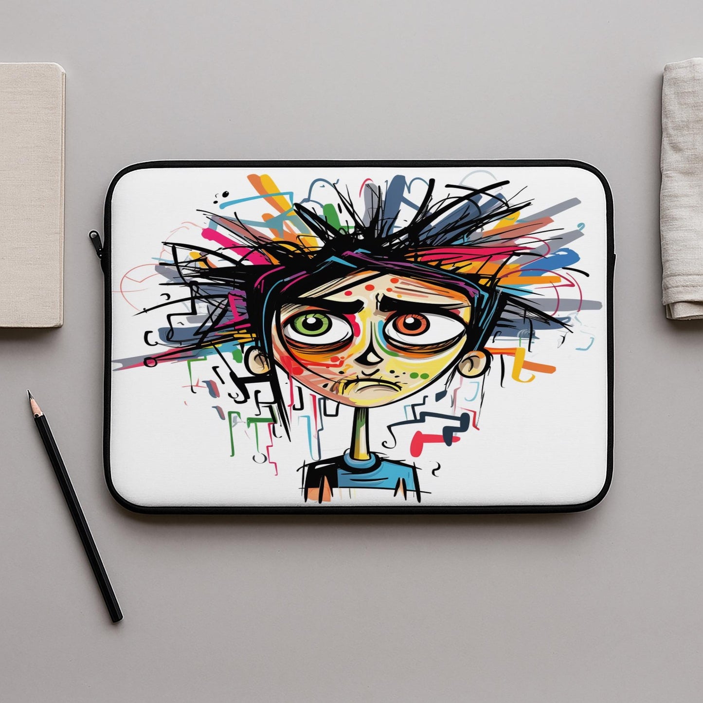 Emotional Whirlwind Laptop Sleeve | Overwhelmed Character Art Protective Case | Quirky Expressive Tech Accessory Gift for Students & Artists