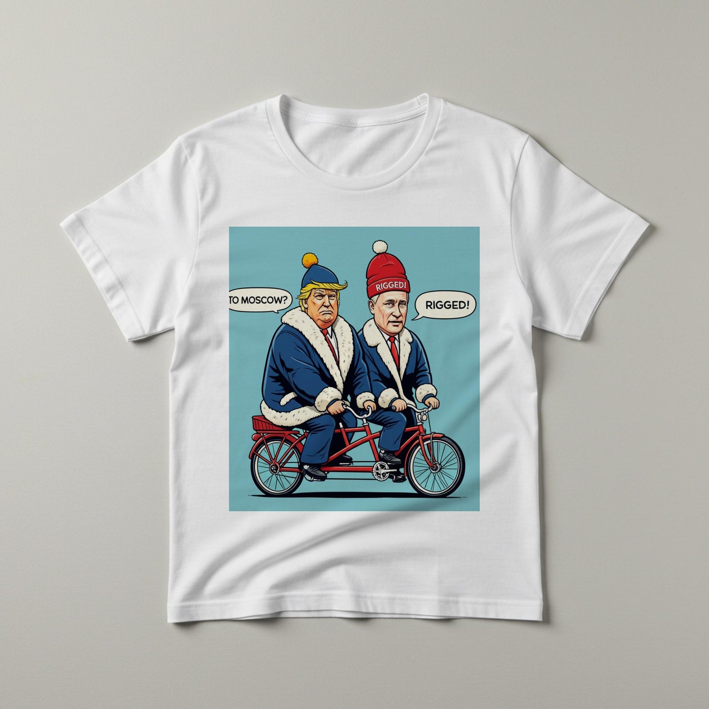 Unisex Garment-Dyed T-shirt with Funny Trump Putin Tandem Bike Political Satire Art. Current Events Humor Tee, Ironic Statement Shirt.