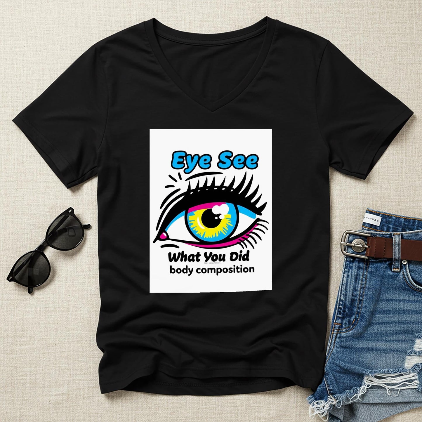 Unisex V-Neck Tee with Bold Pop Art Eye Design | CMYK Vibrant Graphic T-Shirt | Humorous Statement Apparel | Quirky Streetwear Gift Idea
