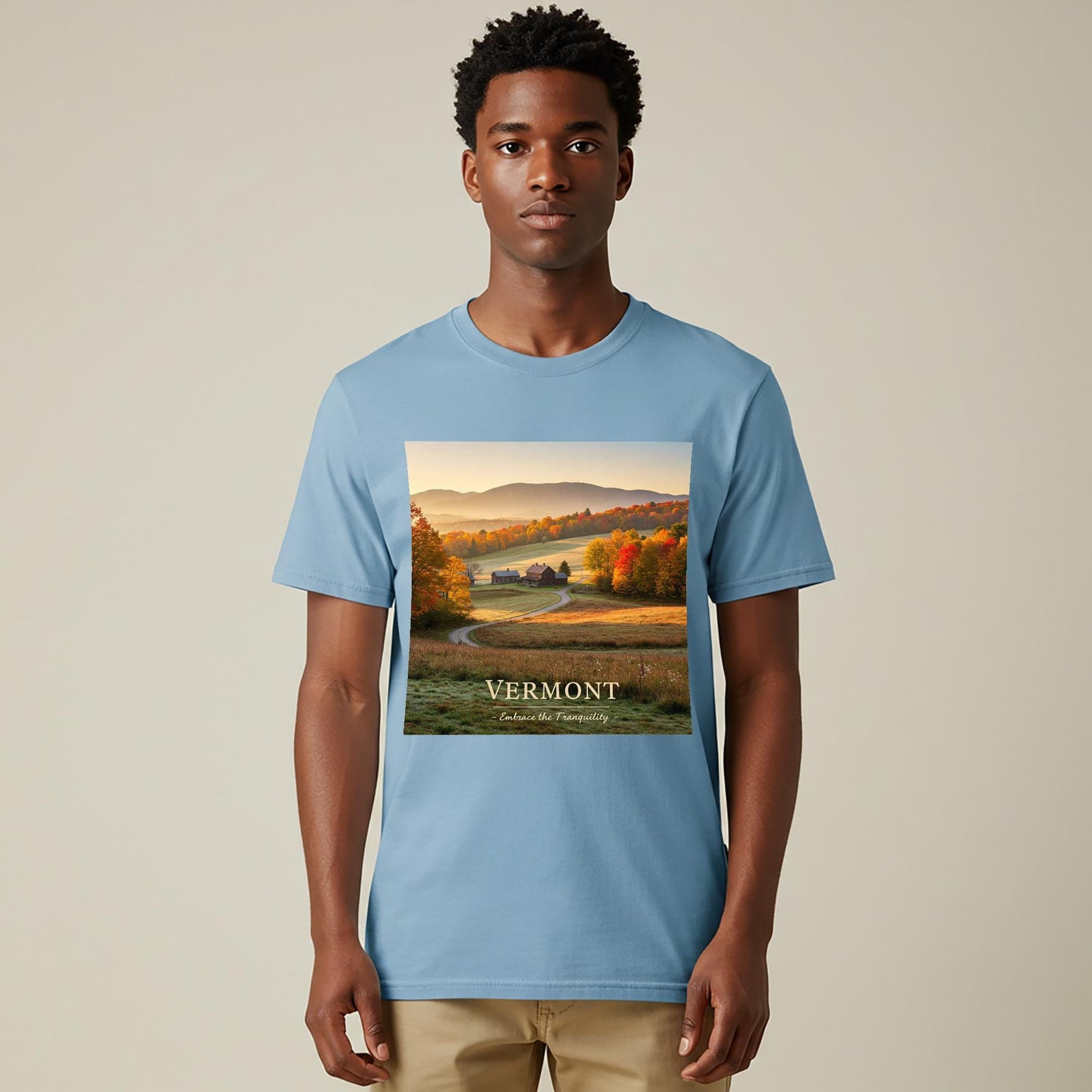 Vermont Autumn Landscape T-Shirt | Fall Foliage New England Scenery Tee | Tranquil Rustic Charm Garment Dyed Shirt for Nature Lovers