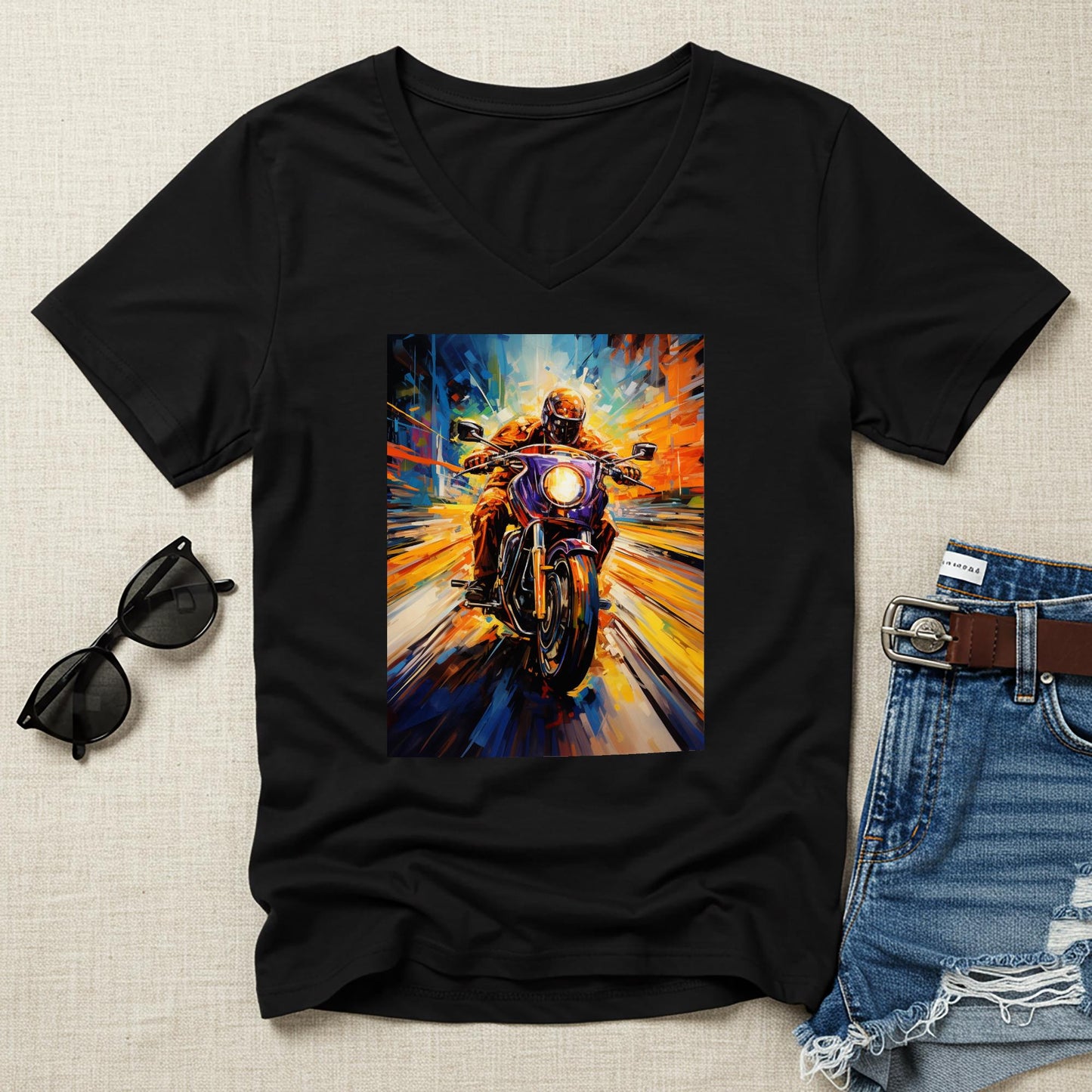 Unisex V-Neck Tee with Abstract Motorcycle Art | Dynamic Rider Speed Design | Vibrant Expressionist Biker Shirt | Unique Gift for Riders
