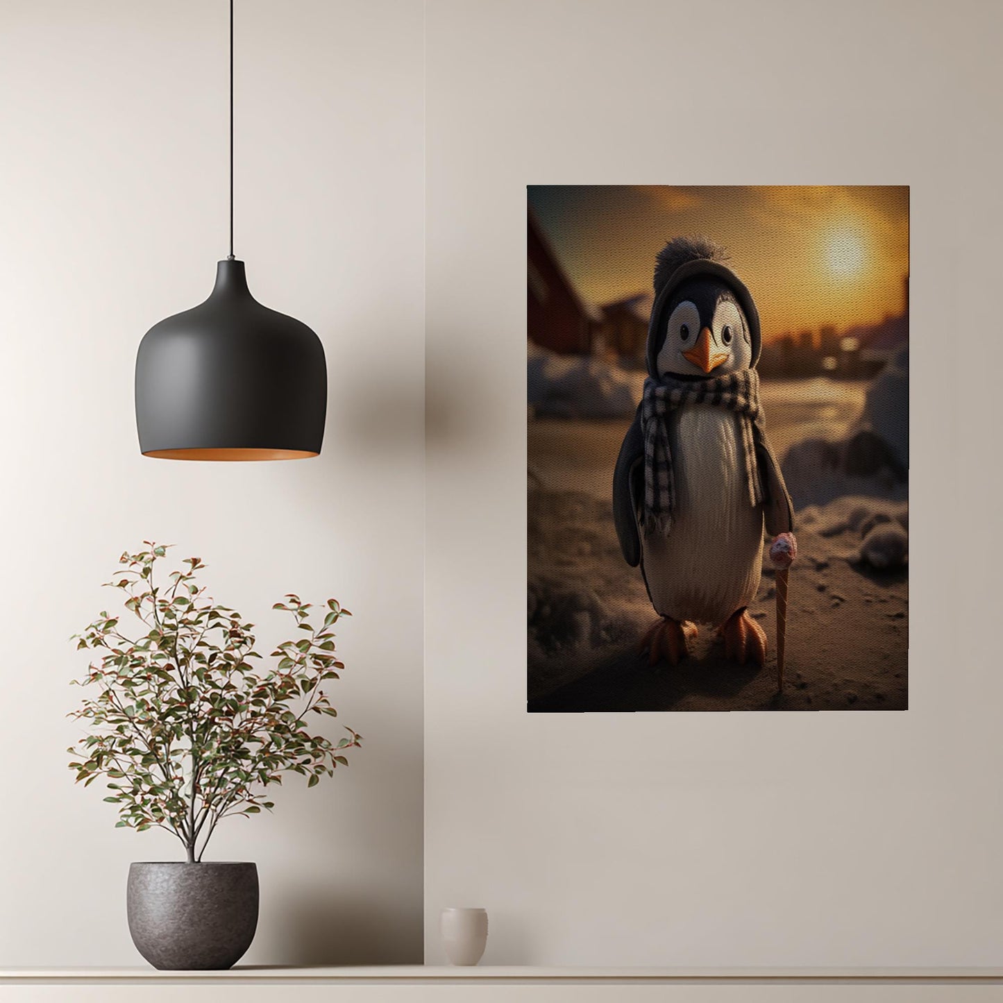 Cute Penguin Canvas Print | Whimsical Winter Animal Wall Art | Adorable Kids Room Decor | Unique Nursery Art Gift | Cozy Sunset Scene