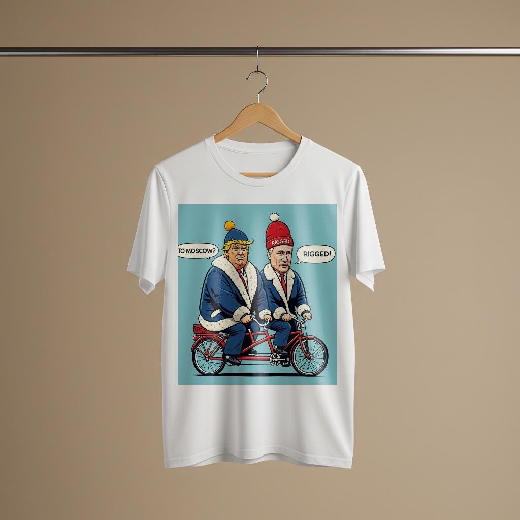 Unisex Garment-Dyed T-shirt with Funny Trump Putin Tandem Bike Political Satire Art. Current Events Humor Tee, Ironic Statement Shirt.