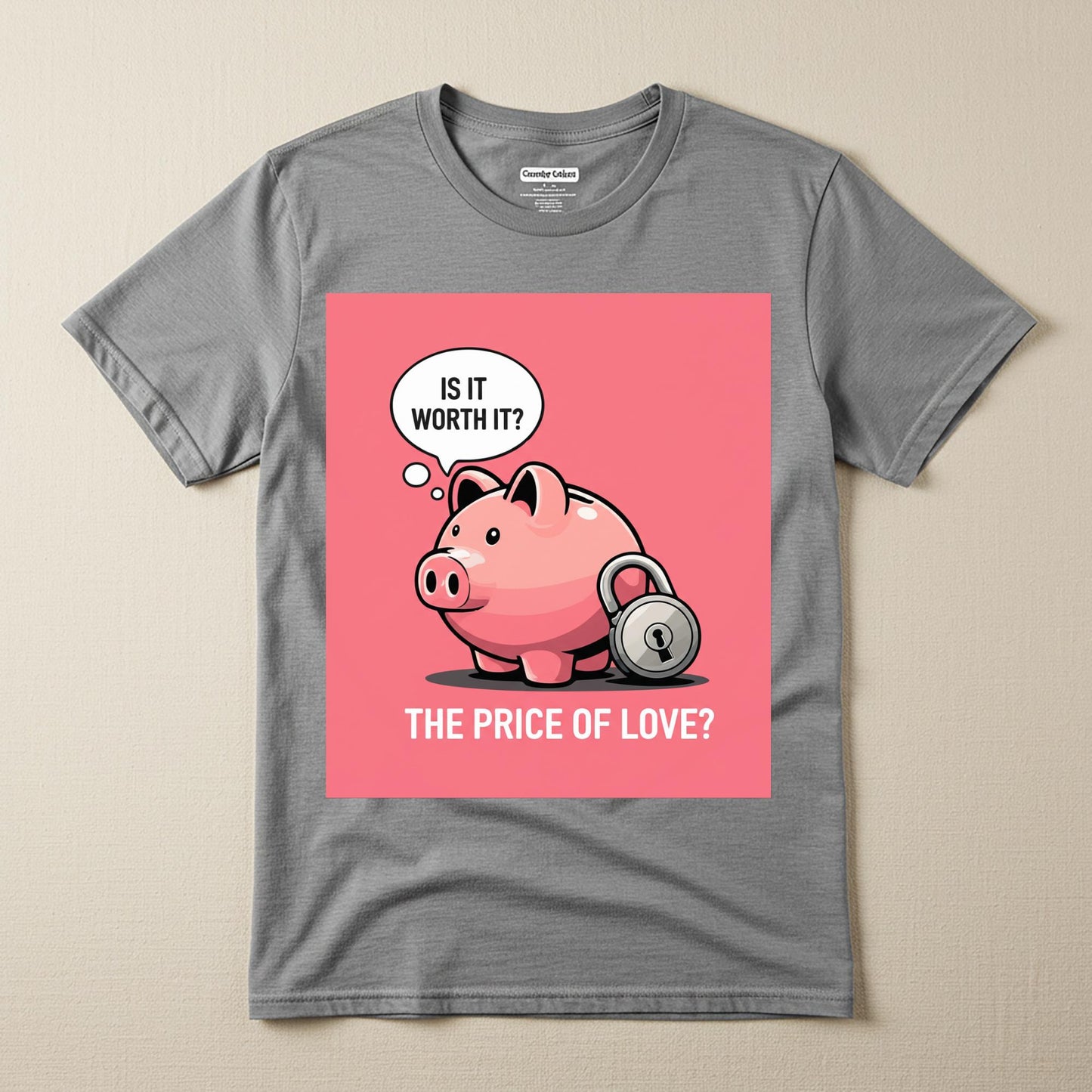 Unisex Garment-Dyed T-shirt with Witty Piggy Bank Design | Ironic Love & Money Graphic Tee | Thought-Provoking Relationship Humor Shirt