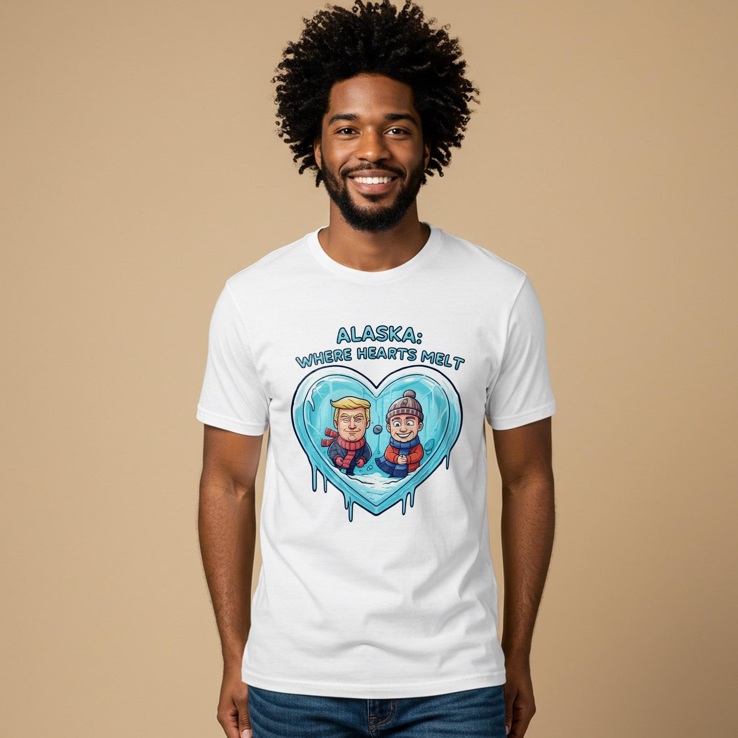 Alaska Political Humor T-Shirt | Funny Trump Biden Caricature Tee | Melting Ice Heart Design | Unisex Garment-Dyed Satire Gift Idea