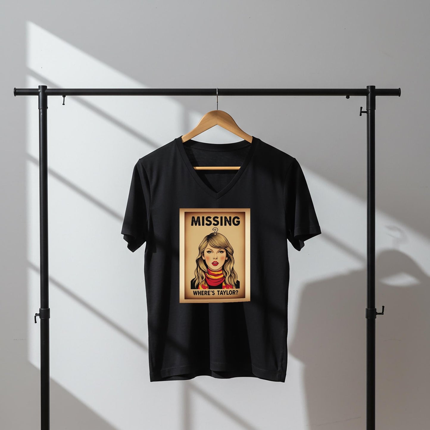Taylor Swift V-Neck Tee | Swiftie T-Shirt | Missing Taylor Shirt | Pop Art Vintage Poster Design | Celebrity Fan Apparel | Music Lover Gift