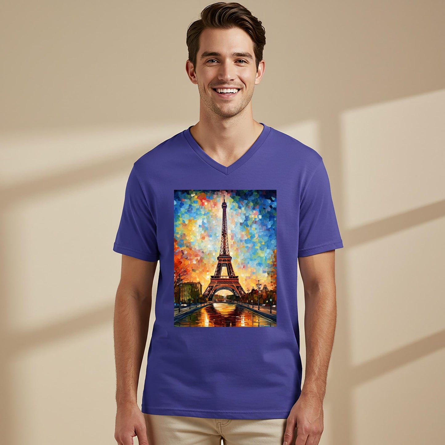 Vibrant Eiffel Tower V-Neck Tee | Impressionist Paris Art Shirt | Autumn Cityscape Graphic | Romantic Travel Apparel | Artistic Unisex Top