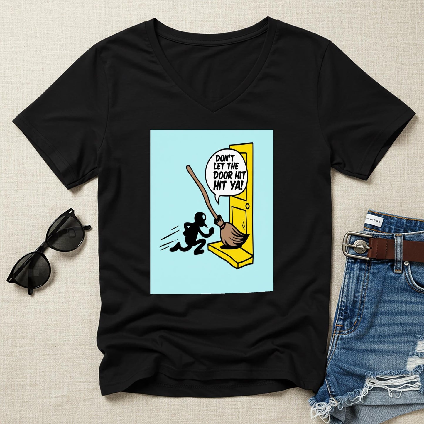 Unisex V-Neck Tee with Funny Broomstick Humor Design | Sarcastic Don't Let The Door Hit Ya Graphic T-Shirt | Witty Farewell Joke Gift Idea