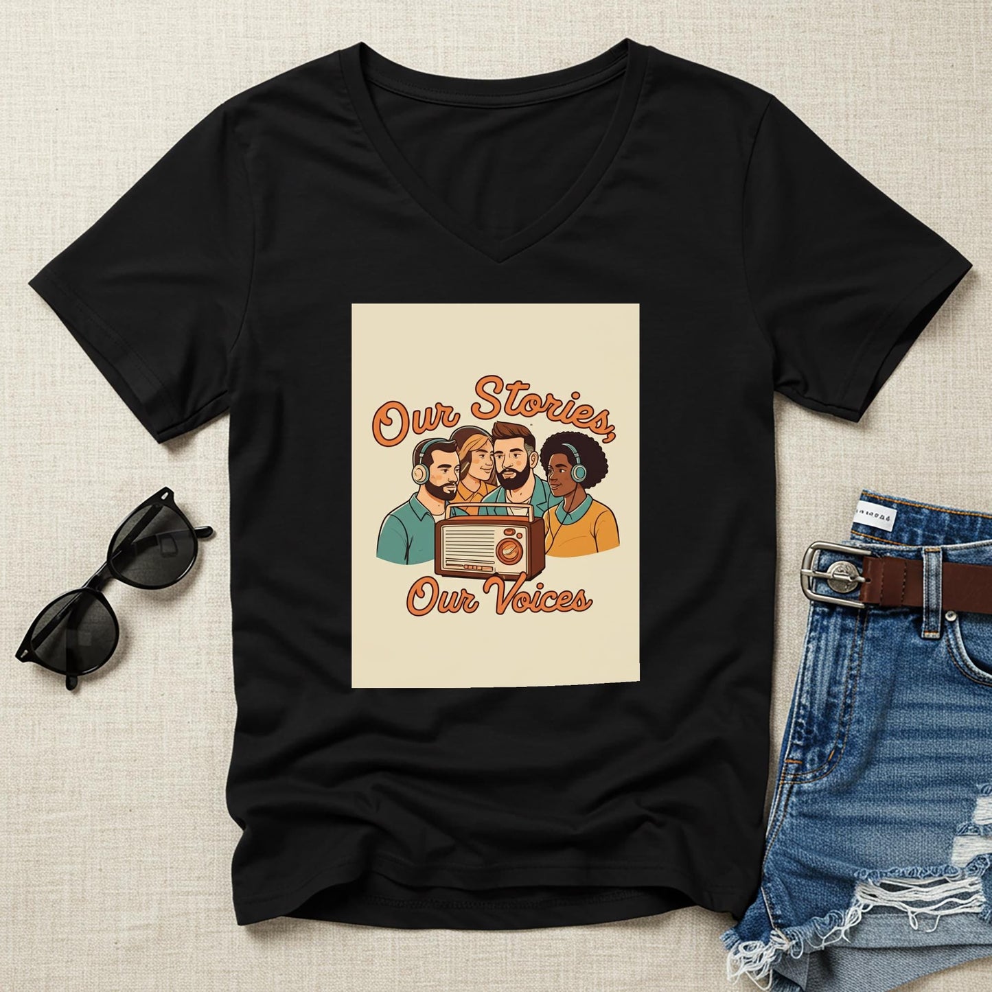 Our Stories Our Voices Unisex V-Neck Tee | Diverse Voices Podcast Lover Gift | Retro Radio Graphic Shirt | Community Connection Apparel