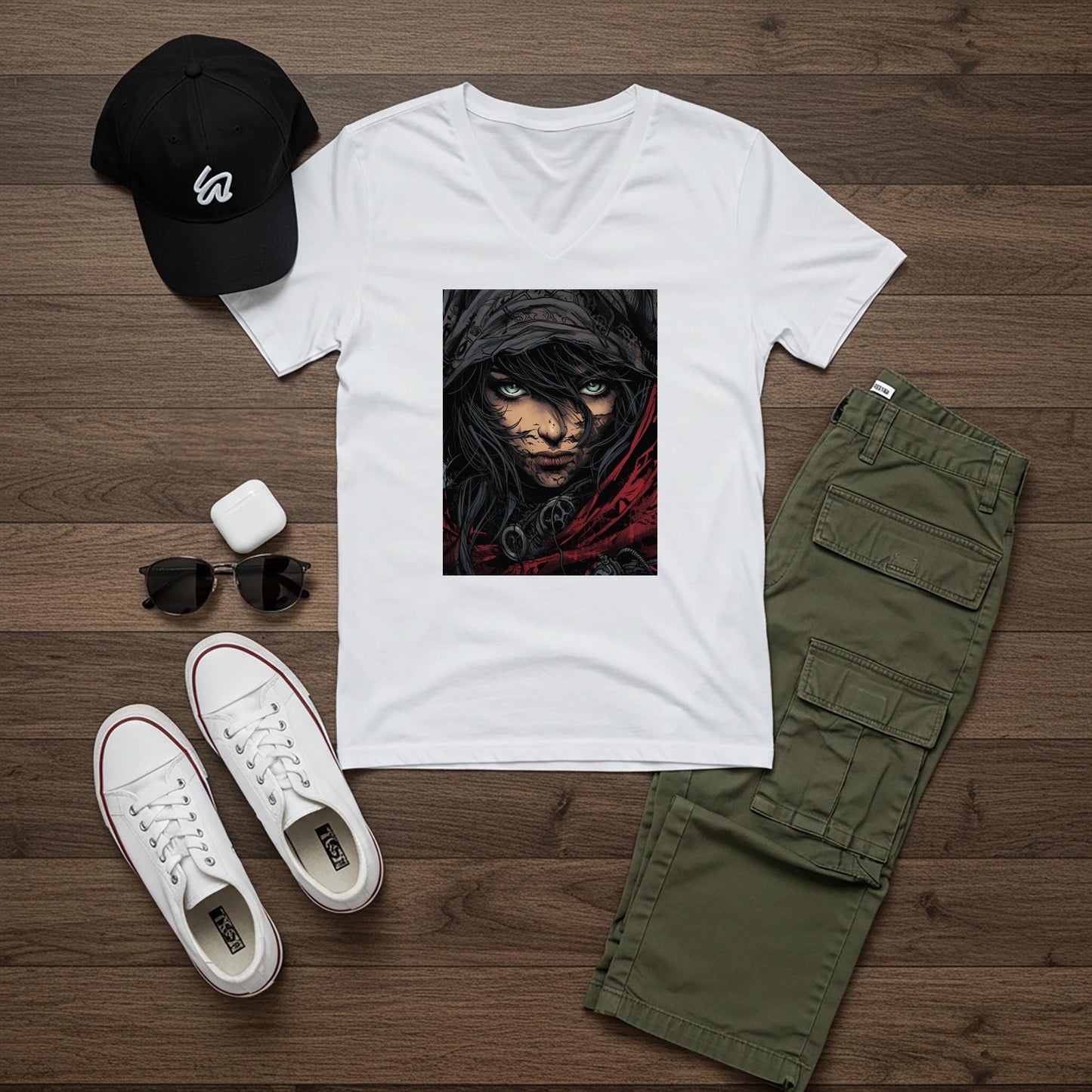 Rebel Spirit V-Neck Tee | Warrior Woman Graphic Shirt | Defiant Female Art | Dark Fantasy Cyberpunk Apparel | Intense Eyes Comic Style Top