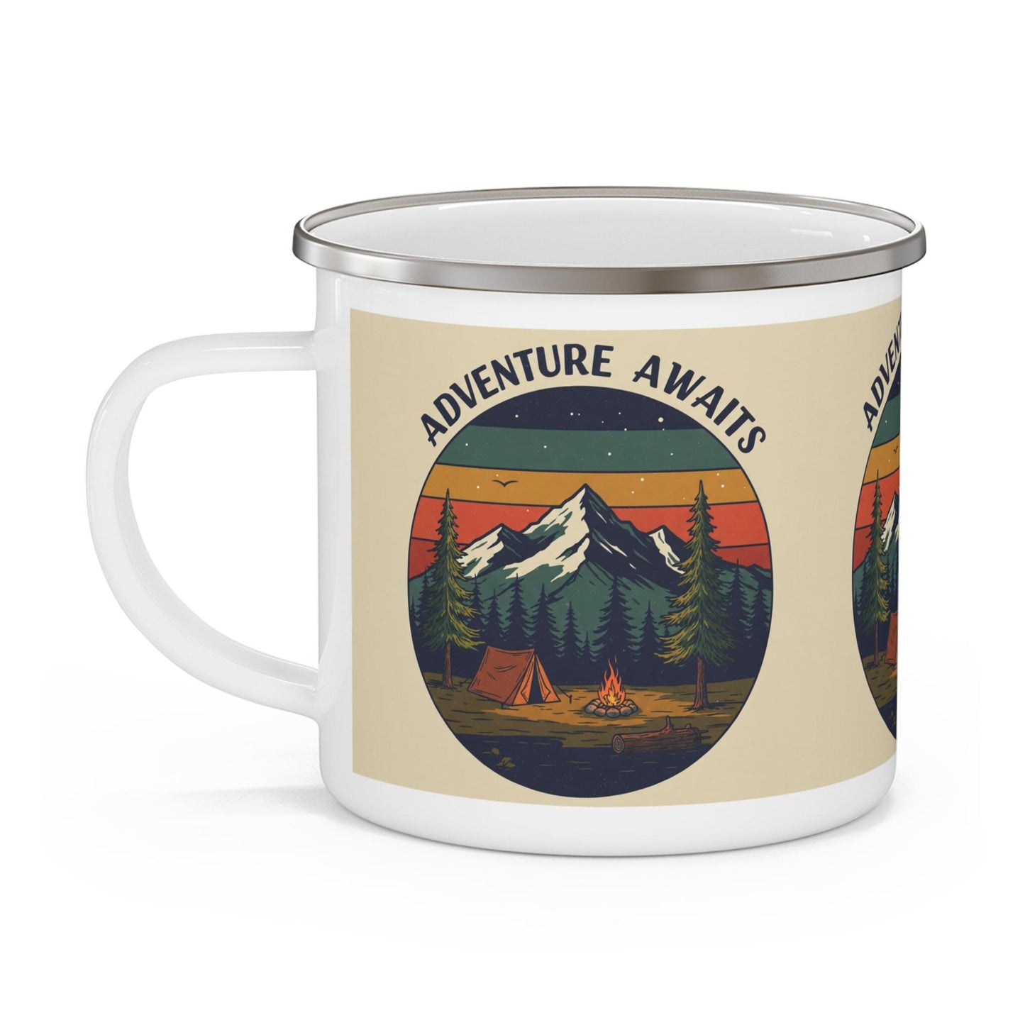 Adventure Awaits Enamel Mug - Retro Camping Cup for Outdoor Lovers & Hikers