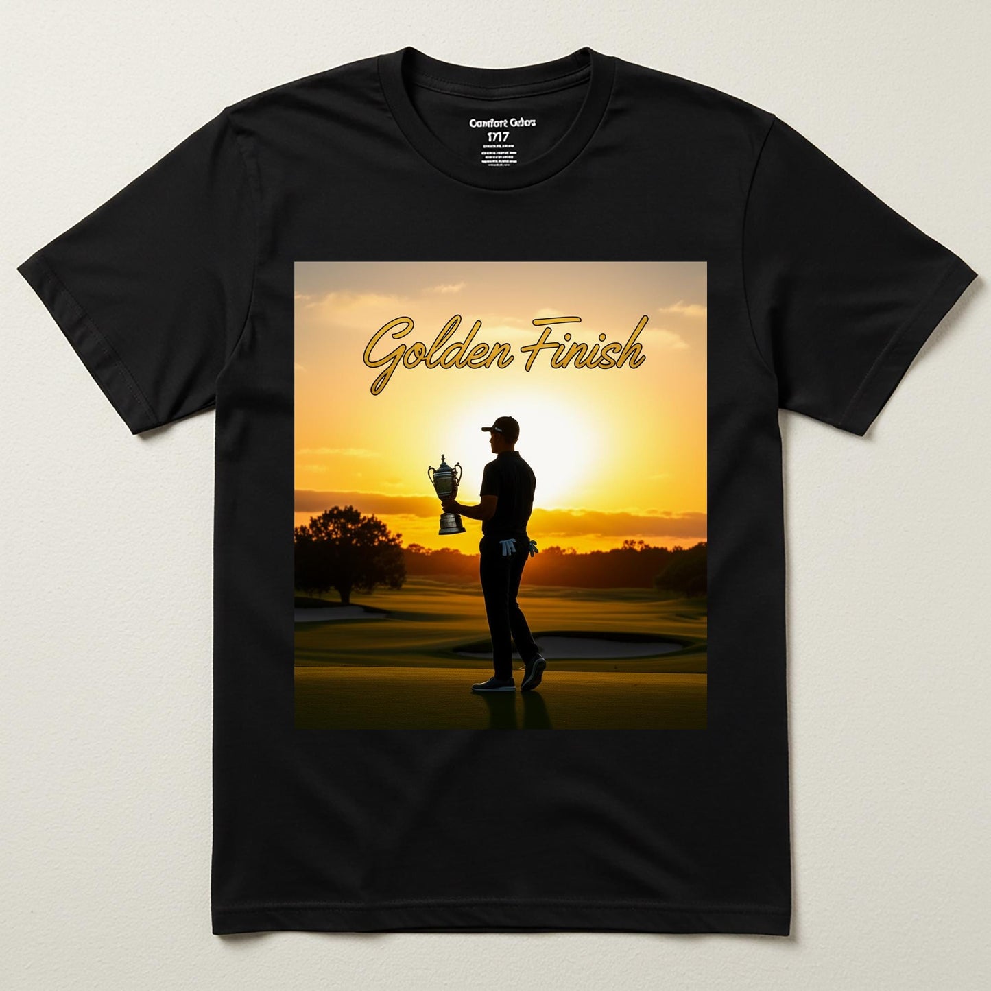 Golden Finish Golf T-Shirt | Triumphant Golfer Sunset Tee | Victory Achievement Apparel | Inspirational Sports Fan Gift for Him Her
