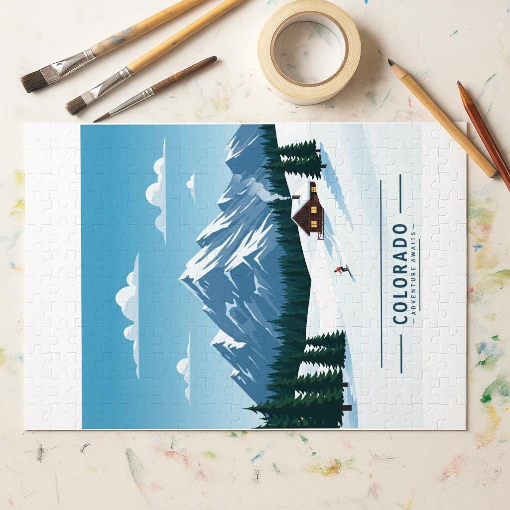 Colorado Winter Mountain Puzzle | Skiing Adventure Jigsaw | Cozy Cabin Landscape Art | Retro Travel Poster Style Gift for Outdoor Lovers