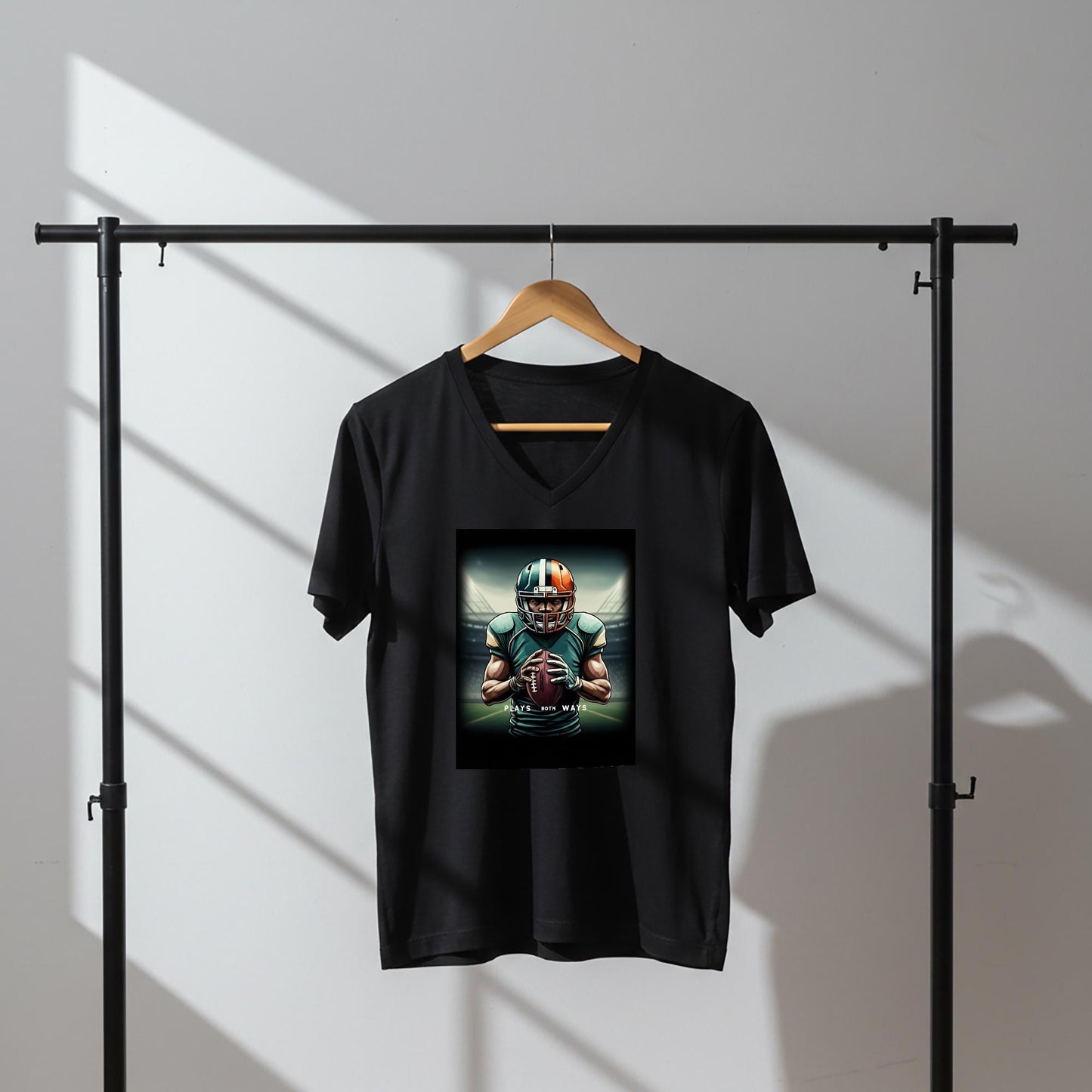 American Football Player V-Neck Tee | Game Day Apparel for Fans | Plays Both Ways Athletic Graphic Shirt | Determined Athlete Gift