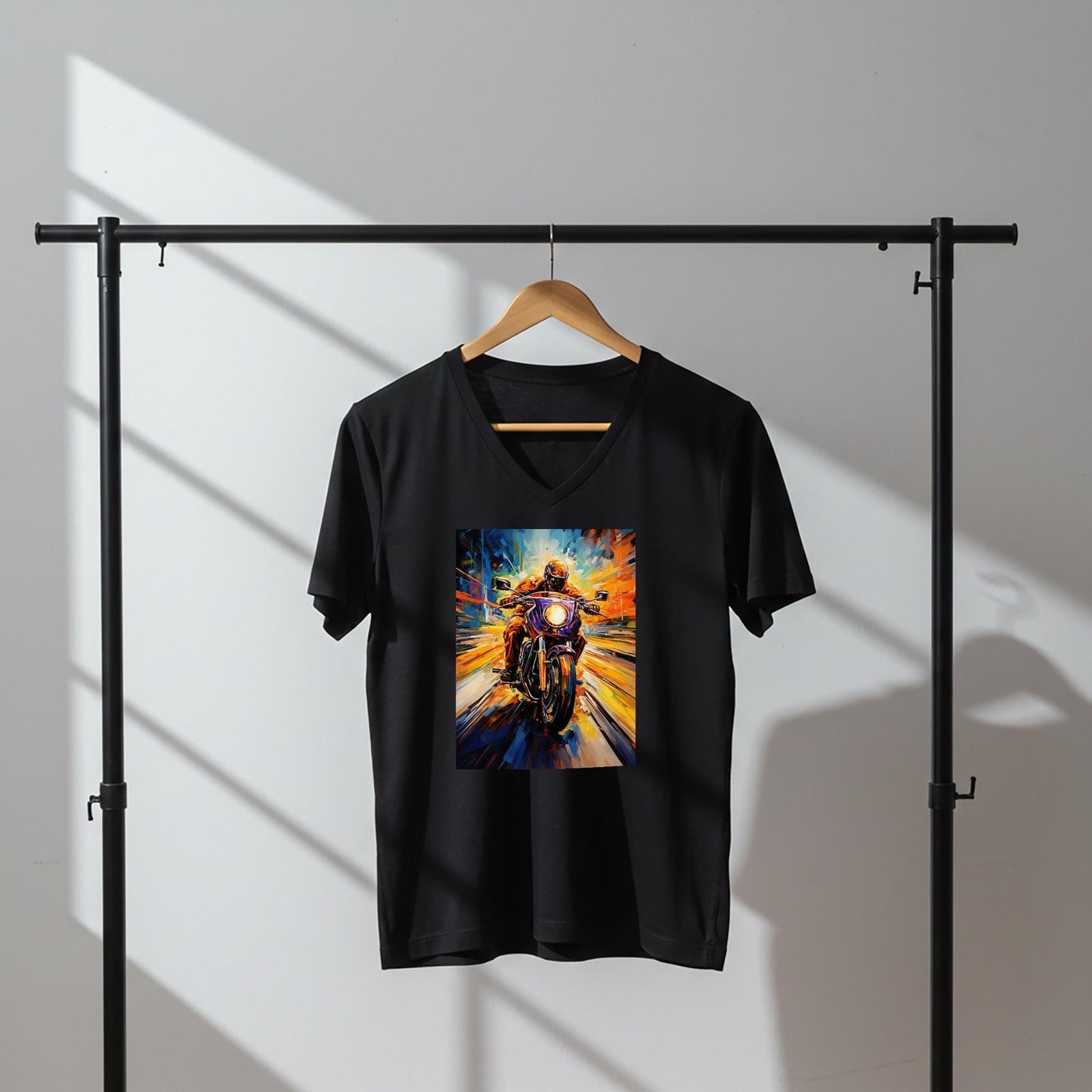 Unisex V-Neck Tee with Abstract Motorcycle Art | Dynamic Rider Speed Design | Vibrant Expressionist Biker Shirt | Unique Gift for Riders