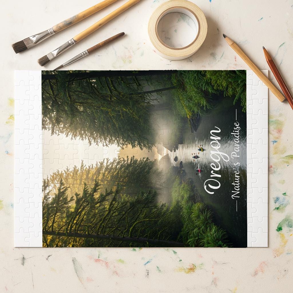 Oregon Nature's Paradise Puzzle | Misty Forest River Kayaking Landscape Art | Pacific Northwest Adventure Gift for Nature Lovers & Adults