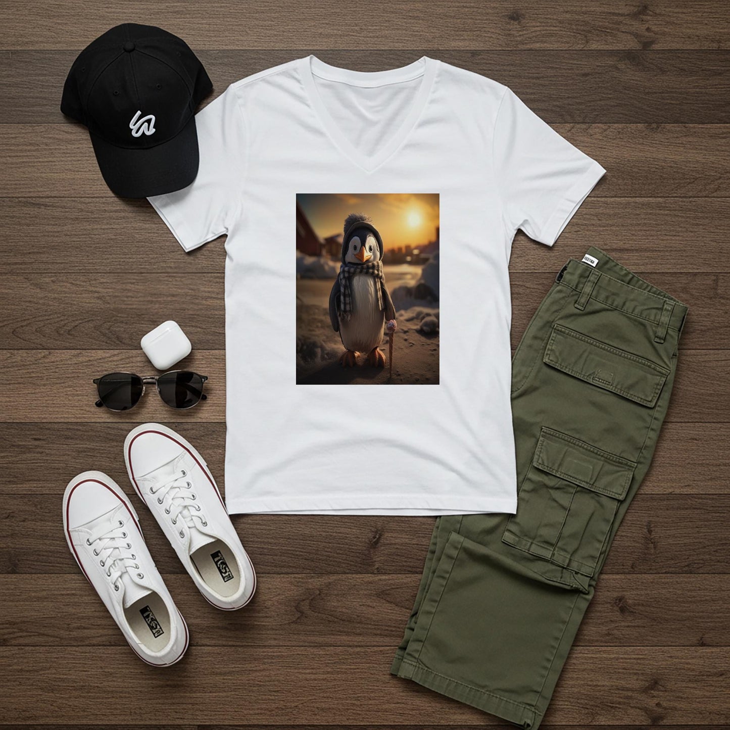 Adorable Winter Penguin V-Neck Tee | Whimsical Animal Graphic T-Shirt | Cozy Unisex Apparel Gift for Penguin Lovers & Holiday Cheer