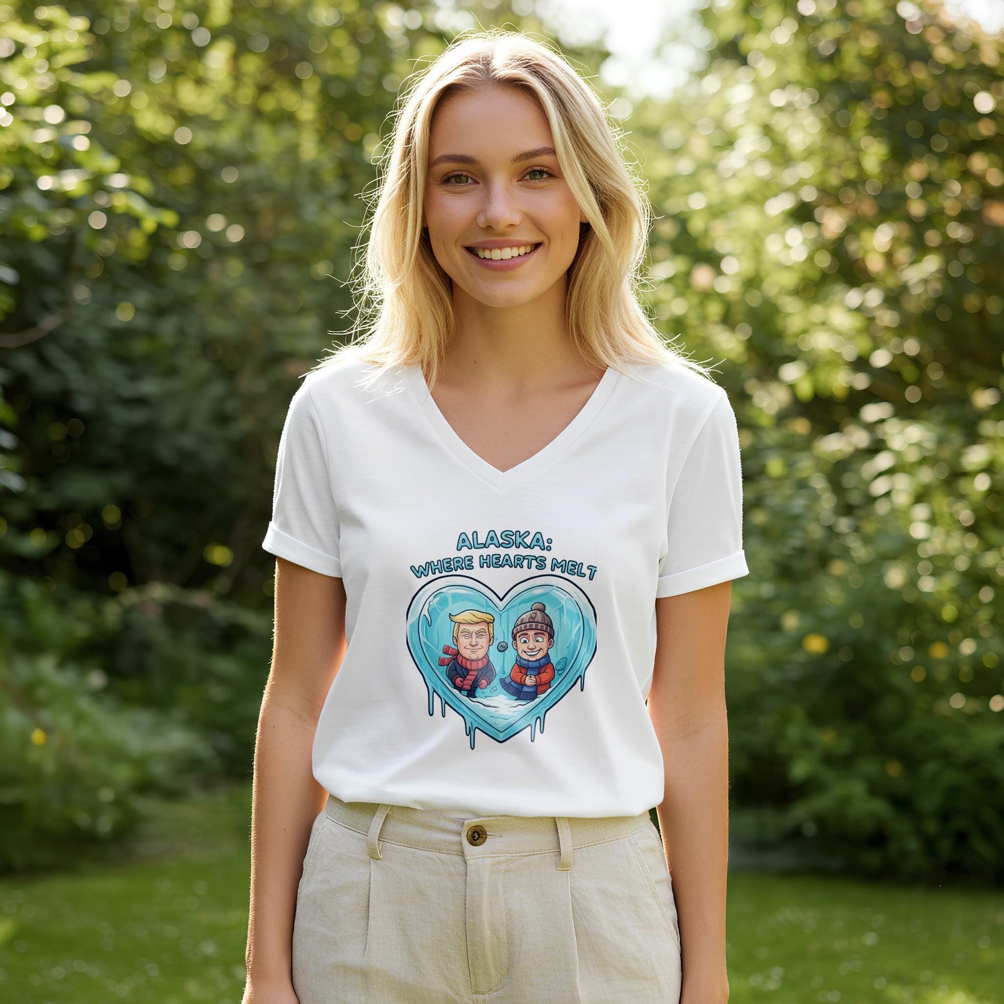 Unisex V-Neck Tee with Humorous Alaska Melting Heart Design | Political Satire Trump Putin Cartoon | Funny US Russia Relations Gift
