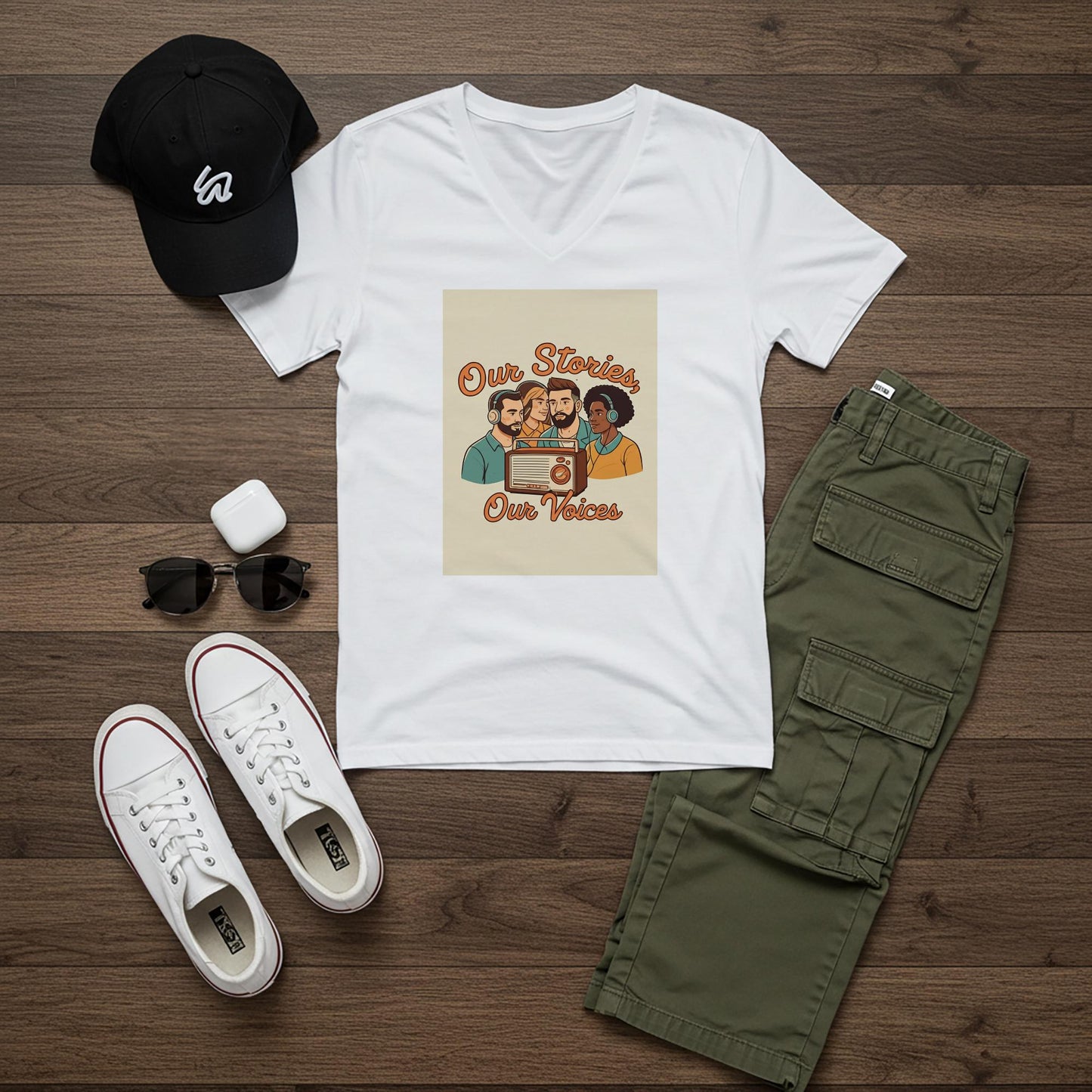 Our Stories Our Voices Unisex V-Neck Tee | Diverse Voices Podcast Lover Gift | Retro Radio Graphic Shirt | Community Connection Apparel