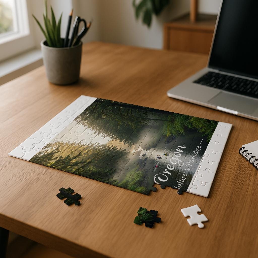 Oregon Nature's Paradise Puzzle | Misty Forest River Kayaking Landscape Art | Pacific Northwest Adventure Gift for Nature Lovers & Adults