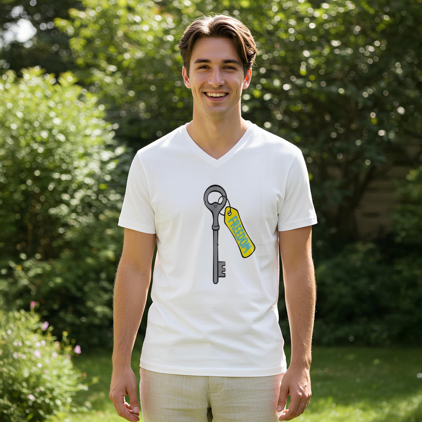 Unisex V-neck Tee with Freedom Key Design | Motivational Inspirational Shirt | Positive Message Apparel | Liberation Independence Gift
