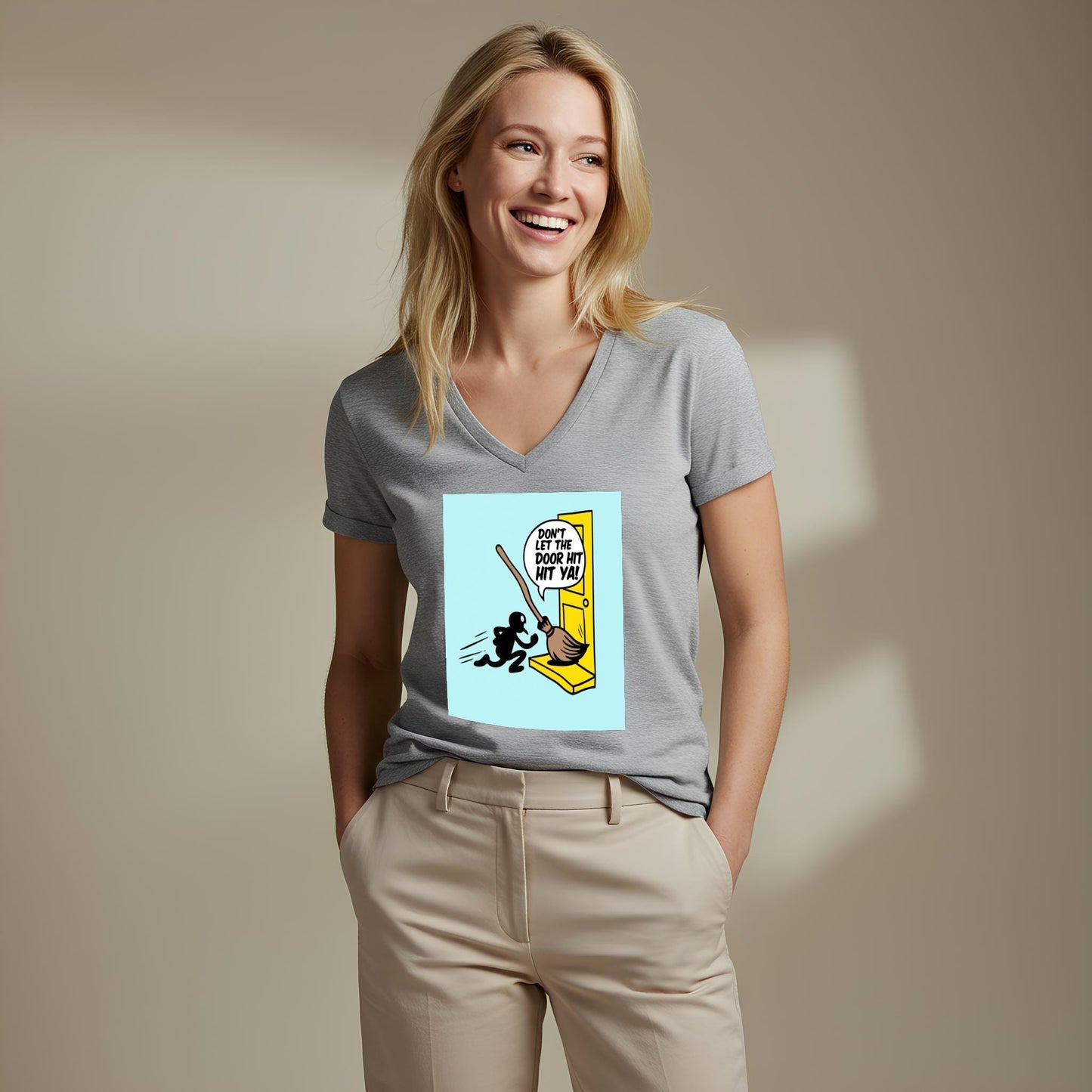 Unisex V-Neck Tee with Funny Broomstick Humor Design | Sarcastic Don't Let The Door Hit Ya Graphic T-Shirt | Witty Farewell Joke Gift Idea