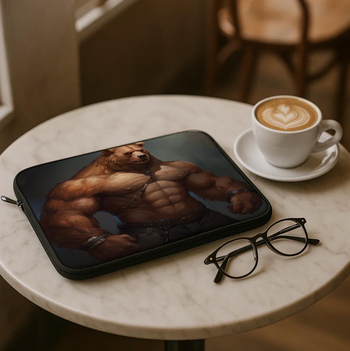 Mighty Muscular Bear Laptop Sleeve | Anthropomorphic Fantasy Art Computer Cover | Gamer Tech Accessory Gift for Him & Her, Protective