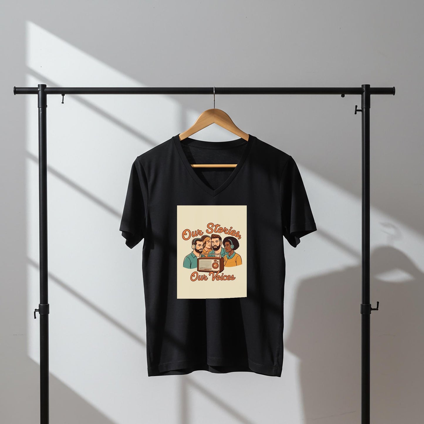Our Stories Our Voices Unisex V-Neck Tee | Diverse Voices Podcast Lover Gift | Retro Radio Graphic Shirt | Community Connection Apparel