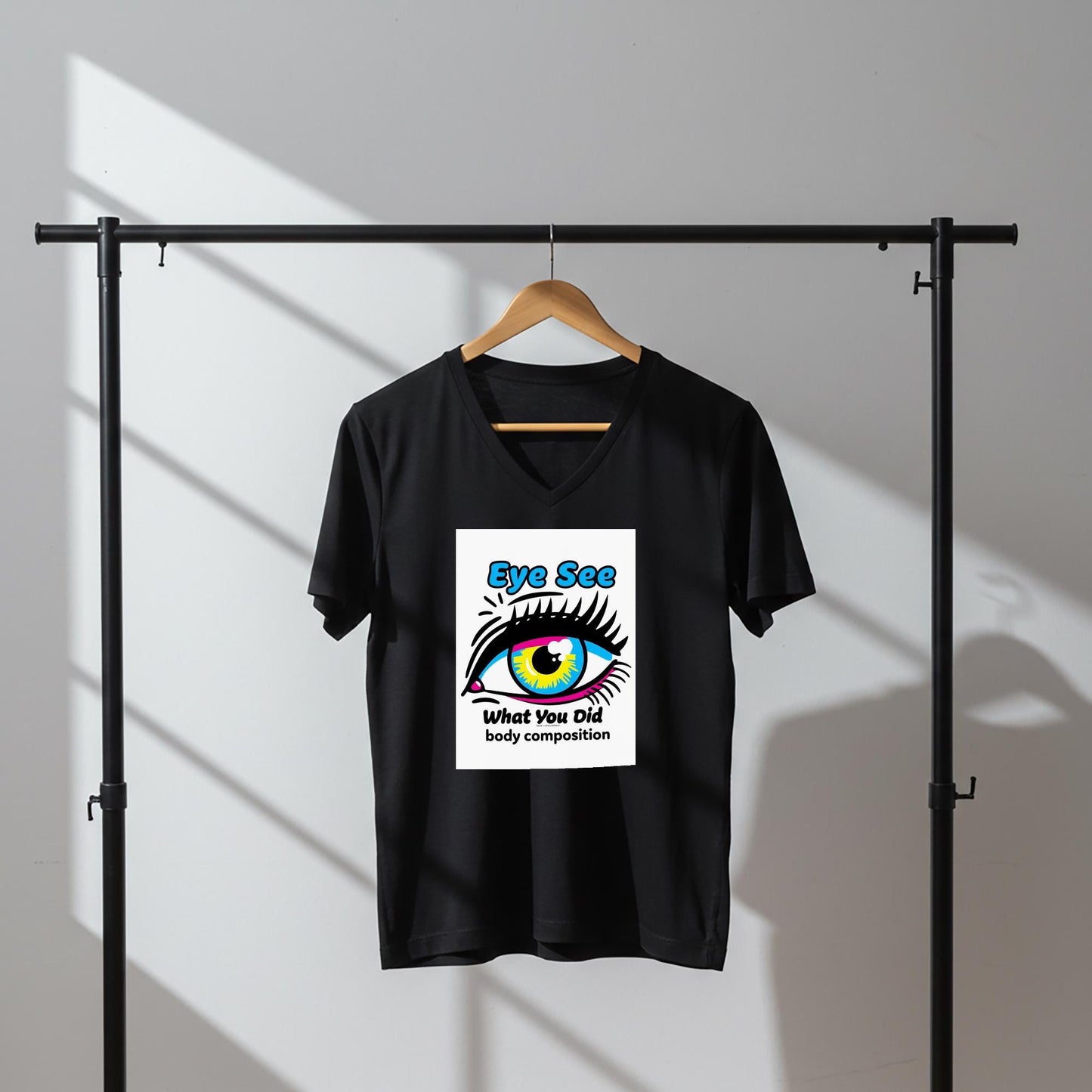 Unisex V-Neck Tee with Bold Pop Art Eye Design | CMYK Vibrant Graphic T-Shirt | Humorous Statement Apparel | Quirky Streetwear Gift Idea