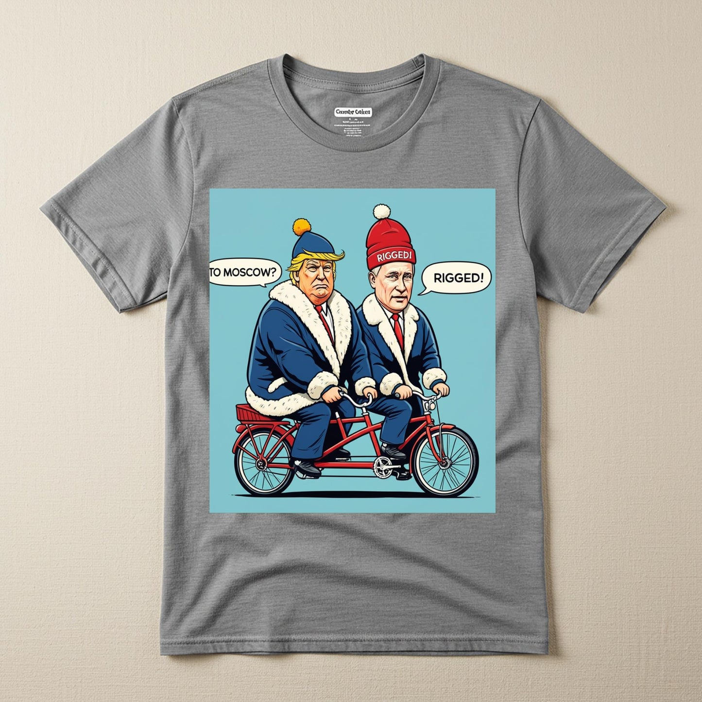 Unisex Garment-Dyed T-shirt with Funny Trump Putin Tandem Bike Political Satire Art. Current Events Humor Tee, Ironic Statement Shirt.