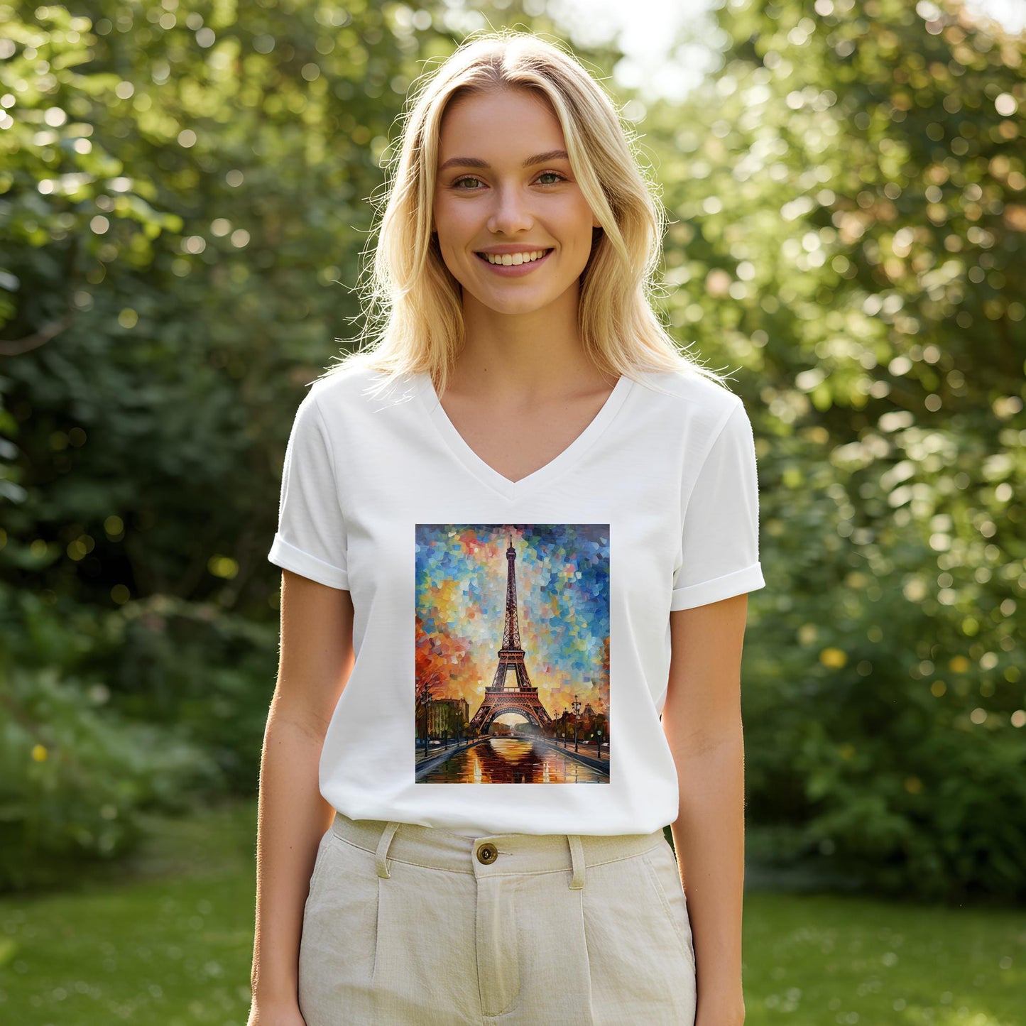Vibrant Eiffel Tower V-Neck Tee | Impressionist Paris Art Shirt | Autumn Cityscape Graphic | Romantic Travel Apparel | Artistic Unisex Top