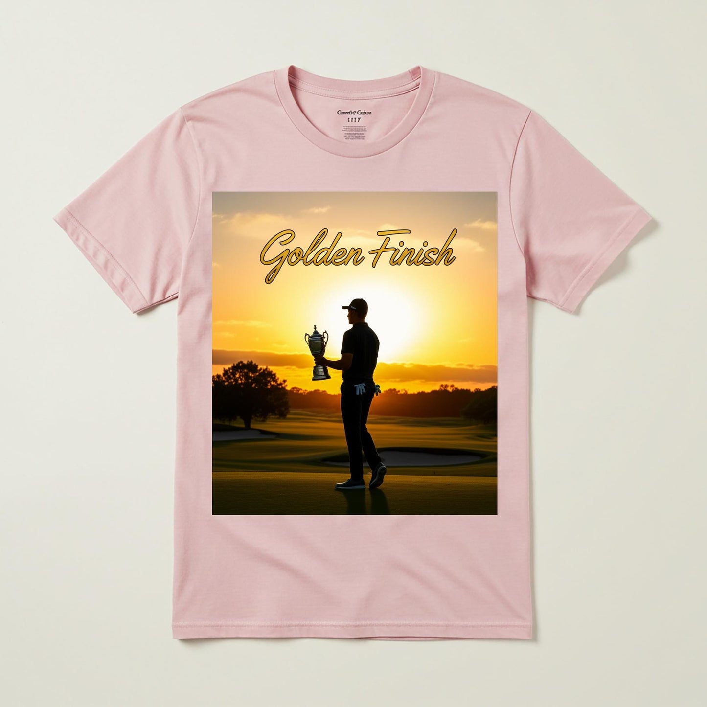 Golden Finish Golf T-Shirt | Triumphant Golfer Sunset Tee | Victory Achievement Apparel | Inspirational Sports Fan Gift for Him Her