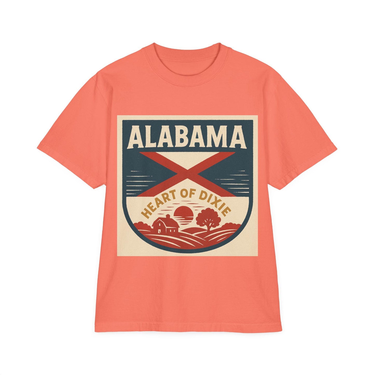 Heart of Dixie Alabama Vintage Garment-Dyed Unisex Drop-Shoulder T-Shirt - 100% Cotton, Soft & Comfortable, Made in the USA
