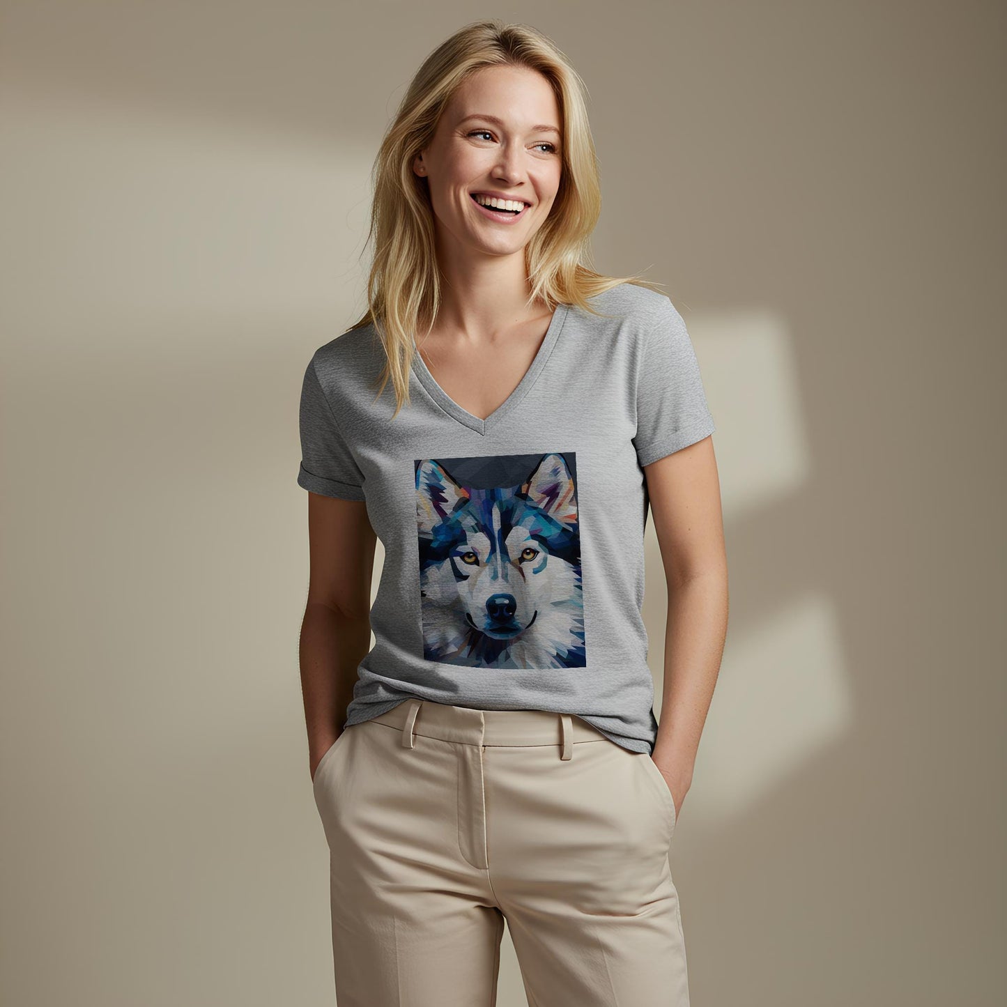 Unisex V-Neck Tee with Geometric Wolf Art | Modern Spirit Animal Shirt | Abstract Wildlife Design | Cool Blue & White Expressive Top