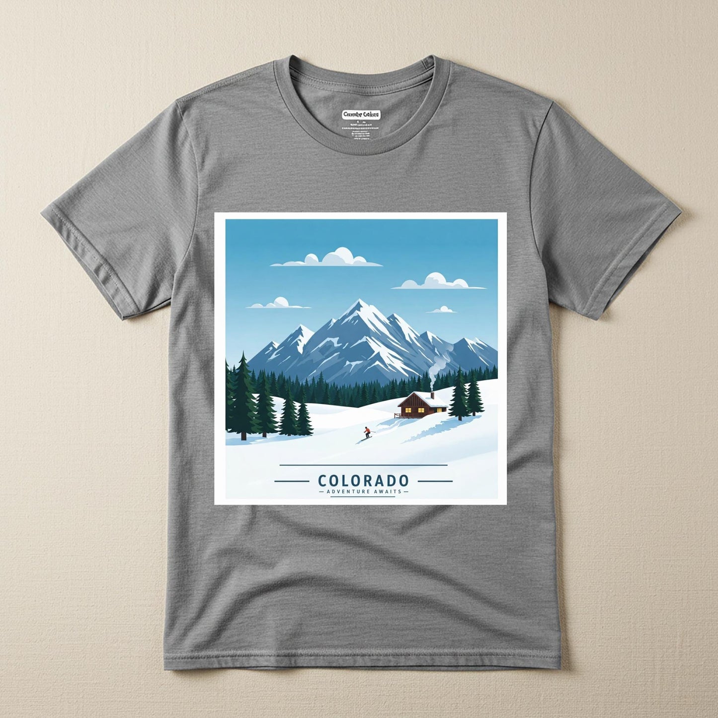 Colorado Adventure Awaits T-Shirt | Retro Skiing Mountain Landscape Tee | Cozy Cabin Winter Scene | Garment Dyed Unisex Apparel Gift