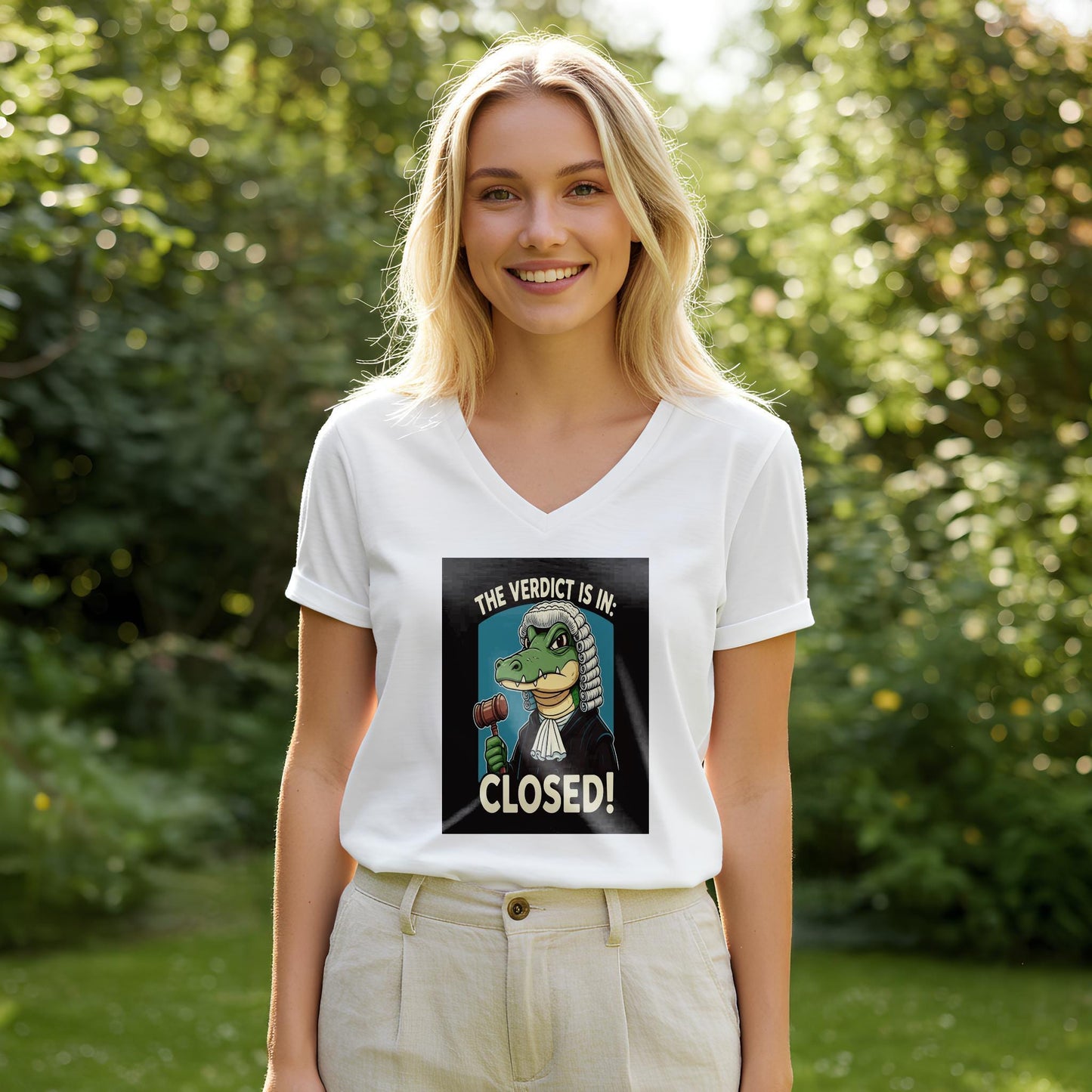 Gavel Gator Judge Tee | Funny Lawyer Gift | Verdict Closed Shirt | Case Closed Legal Humor Apparel | Witty Law Student | Unisex V-Neck