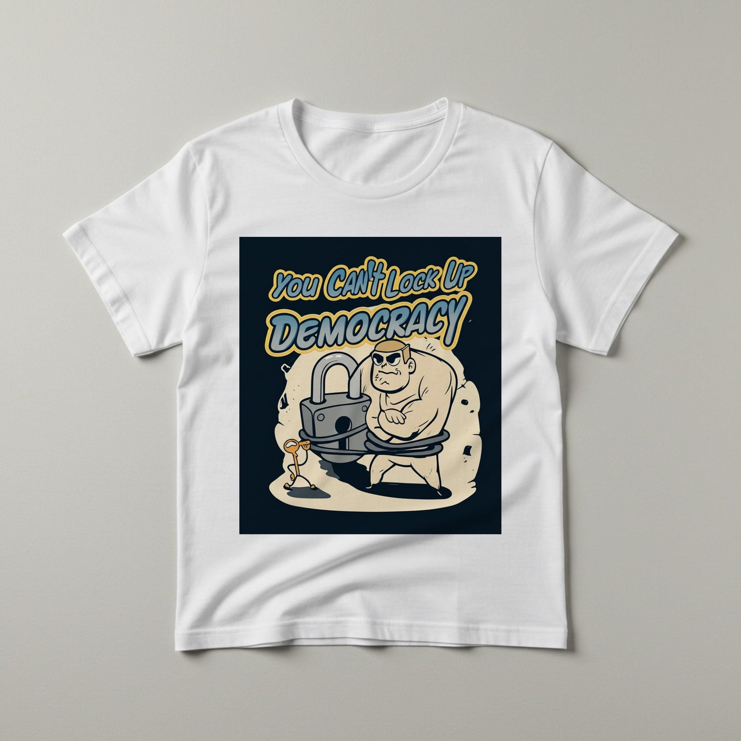 You Can't Lock Up Democracy T-Shirt | Political Freedom Activist Tee | Social Justice Empowerment Apparel | Vintage Cartoon Statement Shirt