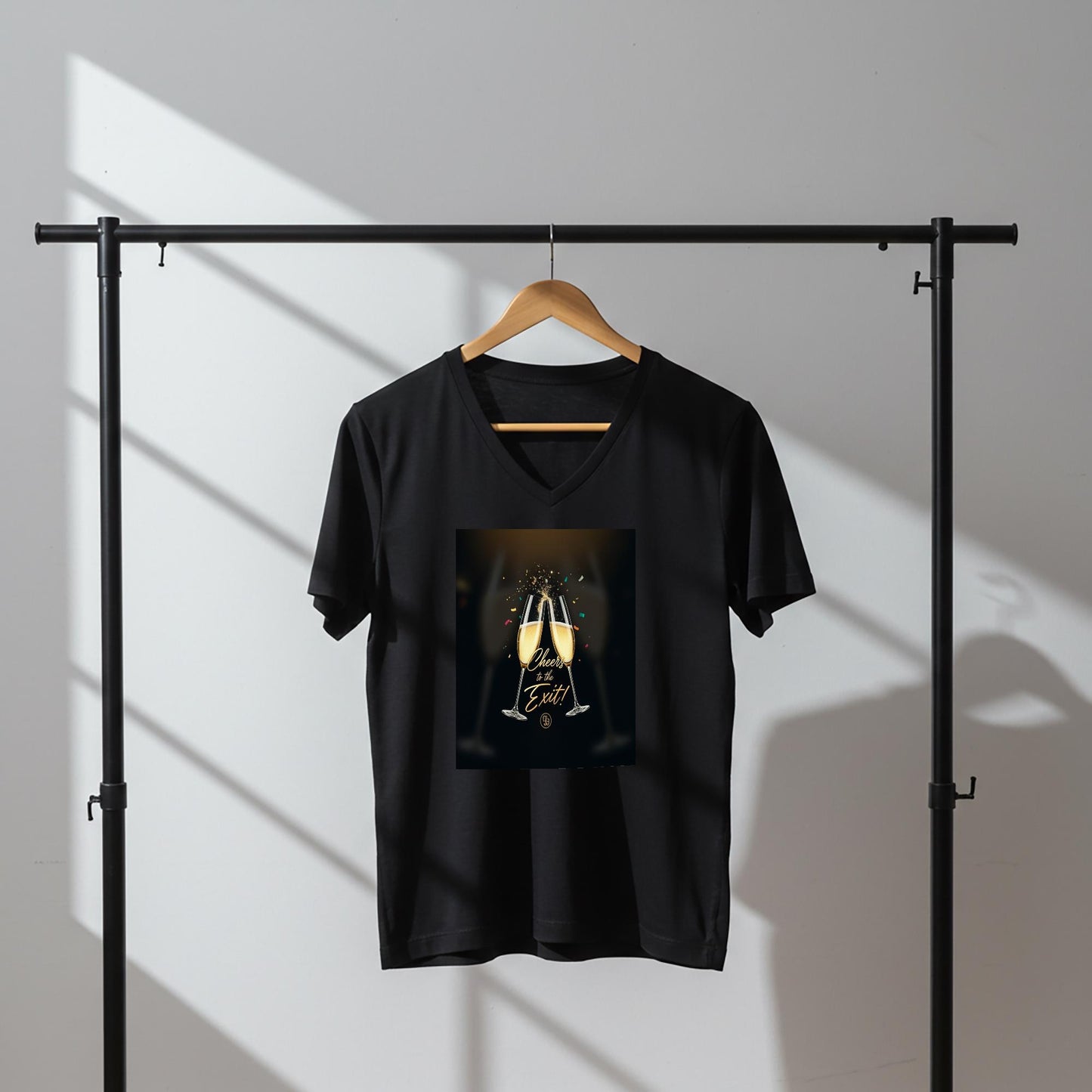 Cheers to the Exit V-Neck Tee | Celebration Farewell Gift Shirt | New Beginnings Retirement Graduation Party Apparel | Unisex Design