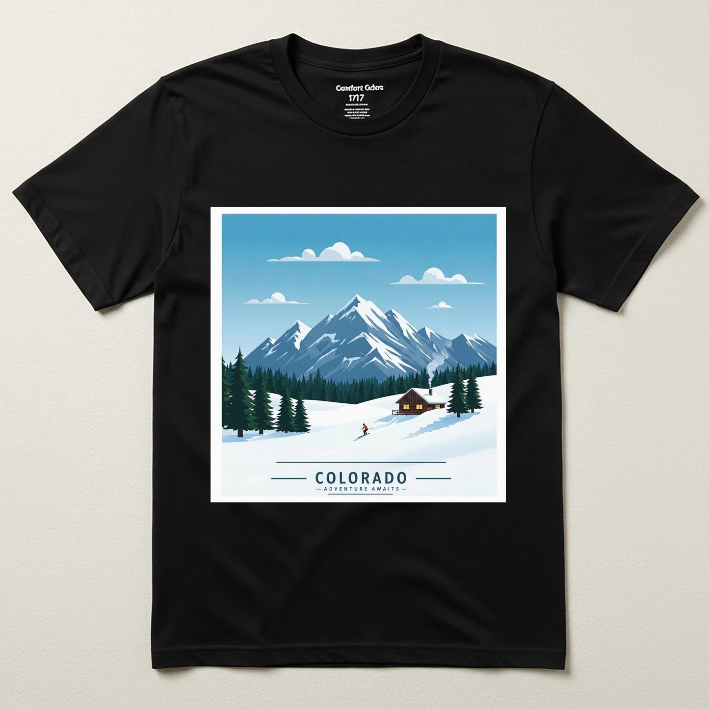 Colorado Adventure Awaits T-Shirt | Retro Skiing Mountain Landscape Tee | Cozy Cabin Winter Scene | Garment Dyed Unisex Apparel Gift