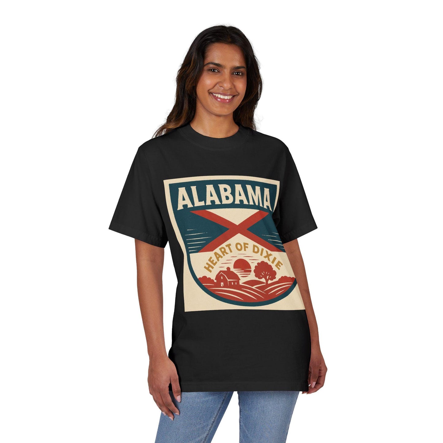 Heart of Dixie Alabama Vintage Garment-Dyed Unisex Drop-Shoulder T-Shirt - 100% Cotton, Soft & Comfortable, Made in the USA