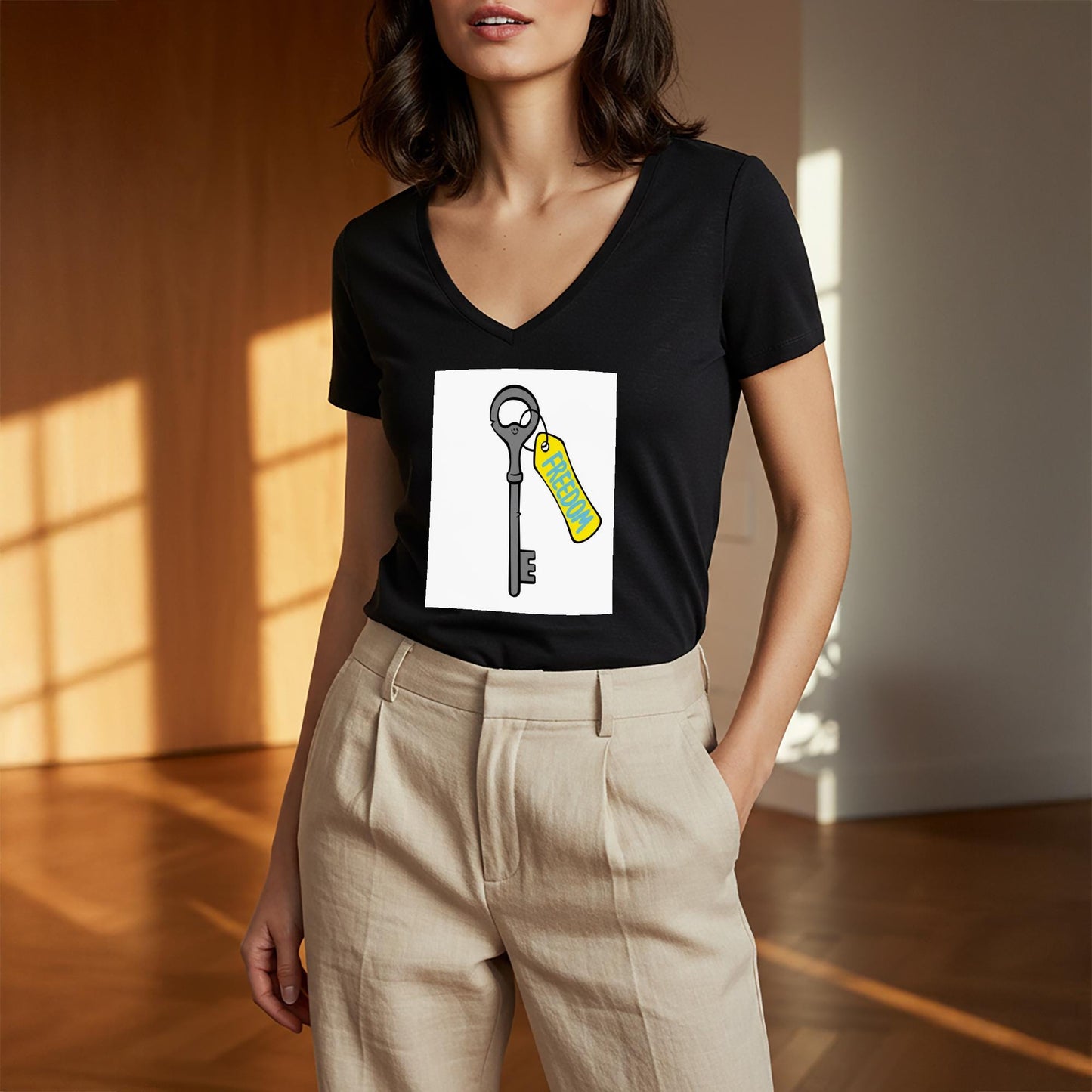 Unisex V-neck Tee with Freedom Key Design | Motivational Inspirational Shirt | Positive Message Apparel | Liberation Independence Gift