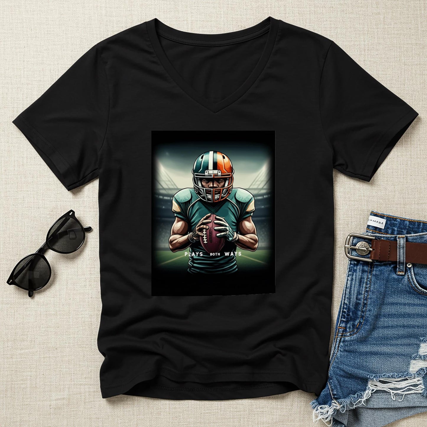 American Football Player V-Neck Tee | Game Day Apparel for Fans | Plays Both Ways Athletic Graphic Shirt | Determined Athlete Gift