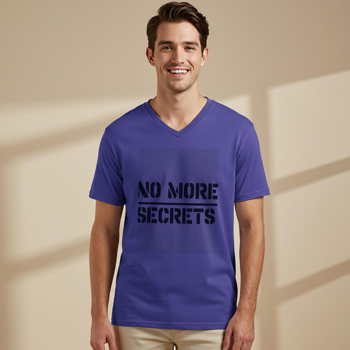 No More Secrets V-Neck Tee | Truth Transparency Honesty Shirt | Distressed Stencil Font Graphic T-Shirt | Empowering Statement Apparel Gift